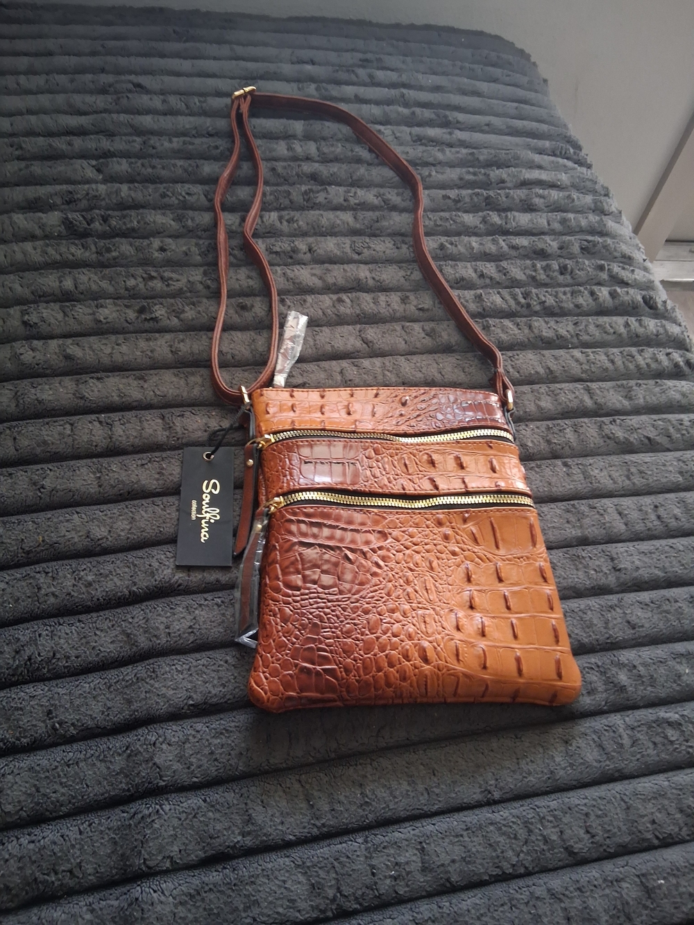 Scully Tan Croc-Embossed Crossbody Bag